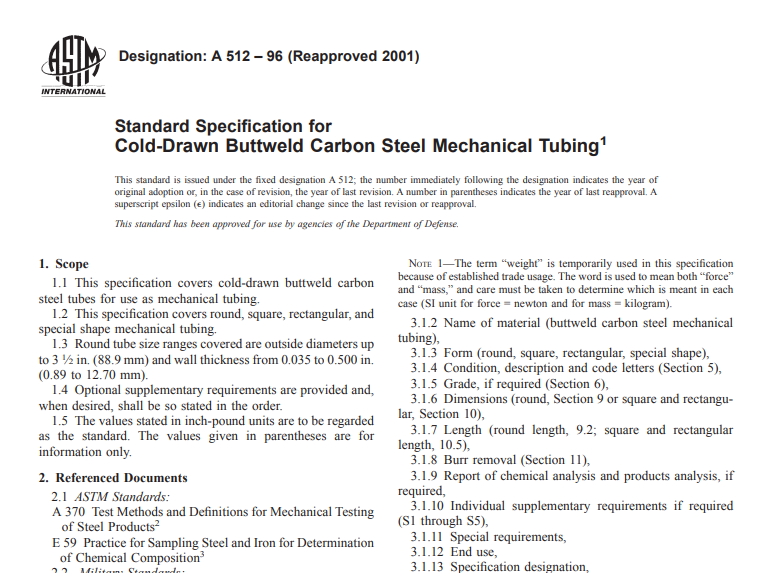 Astm A 512 – 96 (Reapproved 2001) pdf free download
