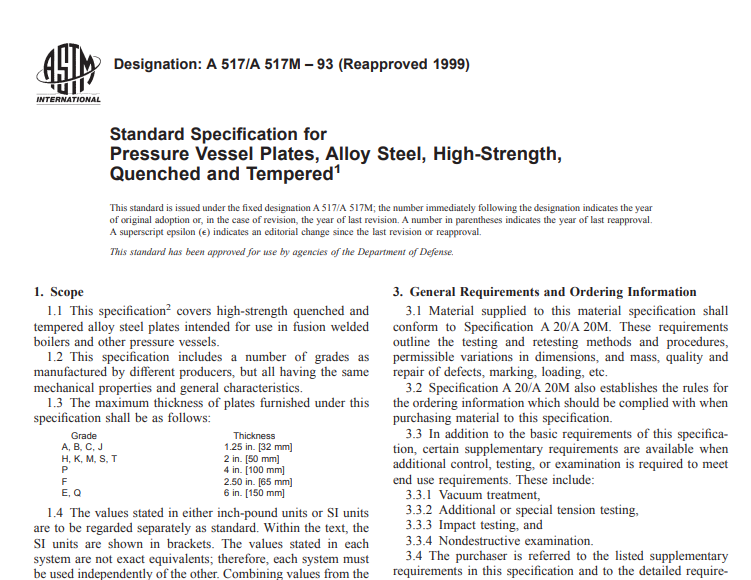 Astm A 517/A 517M – 93 (Reapproved 1999) pdf free download
