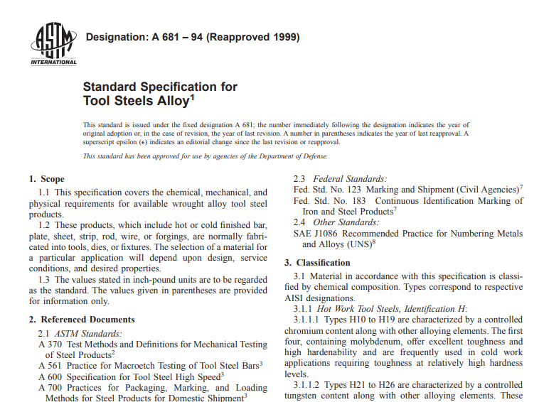 Astm A 681 – 94 (Reapproved 1999) pdf free download