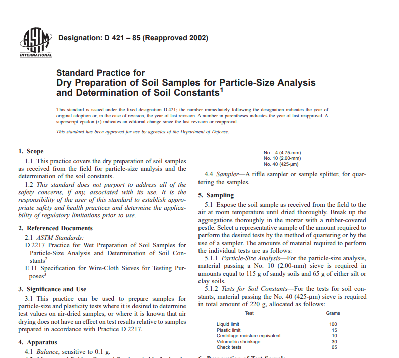 Astm D 421 – 85 (Reapproved 2002) Pdf free download